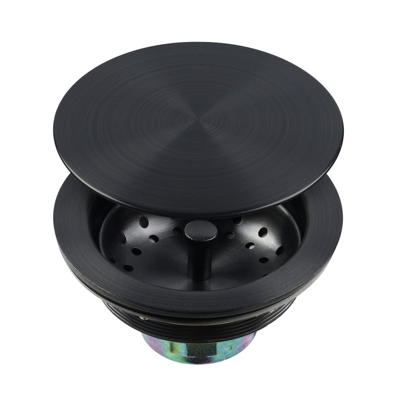 LQS Kitchen Sink Drain Assembly, Sink Drain Basket Strainer, Stainless Steel Removable Sink Strainer Basket and Stopper with Decor Flat Cover 3-1/2-inches (Black with Cover) - Image 1